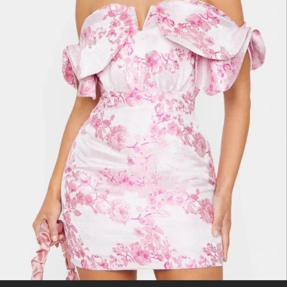PrettyLittleThing Pink Floral Strapless Dress